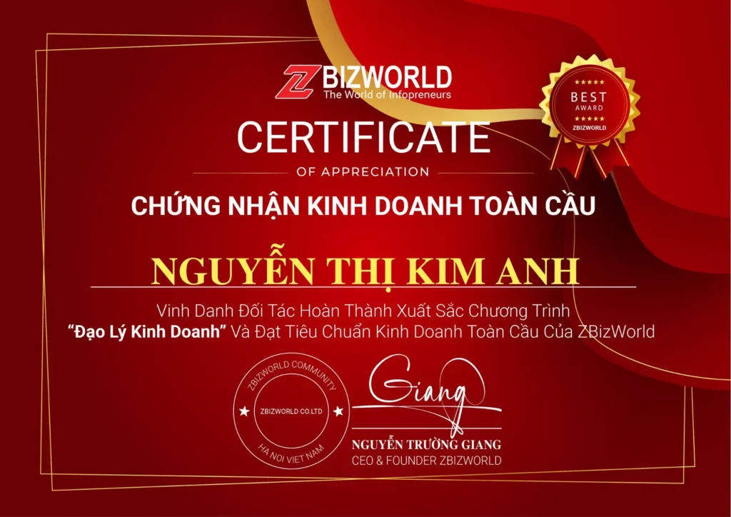 Chứng nhận Đạo Lý Kinh Doanh của Nguyễn Thị Kim Anh