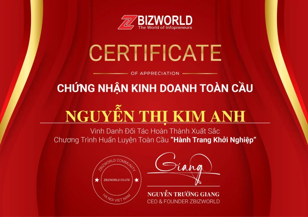 Chứng nhận Hành Trang Khởi Nghiệp của Nguyễn Thị Kim Anh